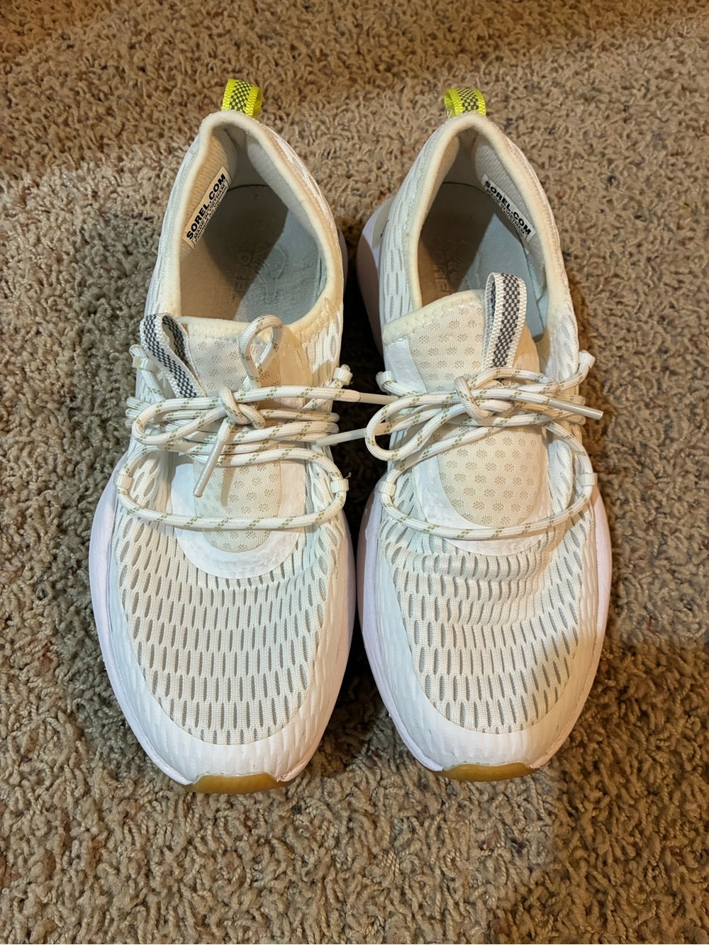 Sorel White Athletic Sneakers with Neon Yellow Heel Tabs